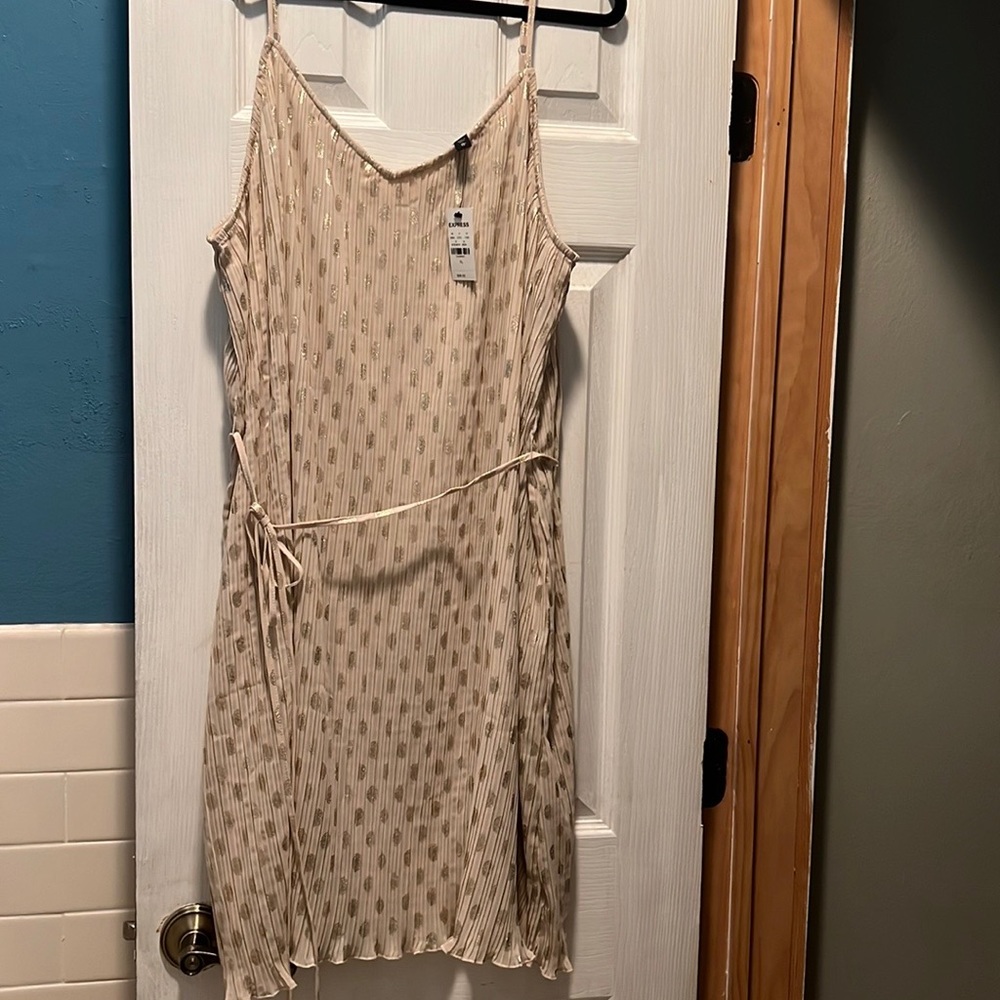 NWT Express Gold Polka Dot Dress w Tie String